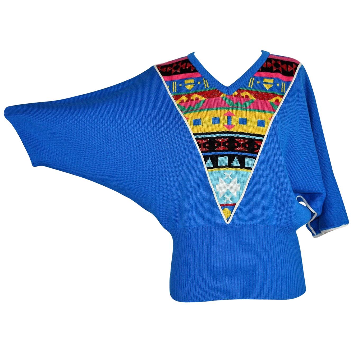 1980s Pierre Cardin Paris Blue Geometric Wool Batwing Sleeve Sweater