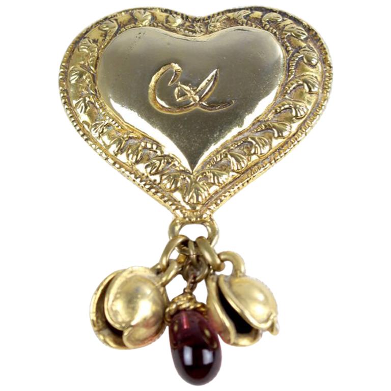 Christian Lacroix Heart Gold-Tone Perfume Holder Brooch with Charms, late 1980s