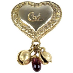 Vintage Christian Lacroix Heart Gold-Tone Perfume Holder Brooch with Charms, late 1980s