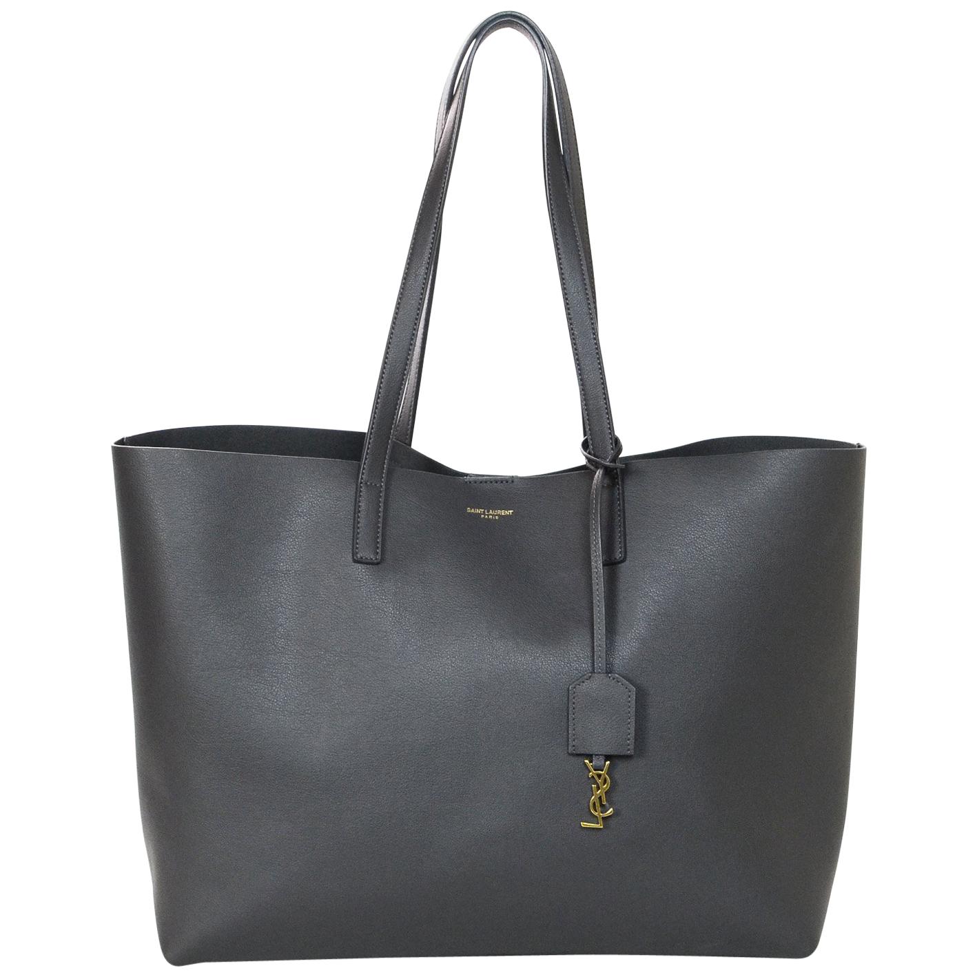 Yves Saint Laurent Storm Grey Leather Tote Bag w/ YSL Clochette & Insert 