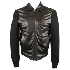 Men's PRADA 36 Black Wool Knit Leather Front Collared Jacket
