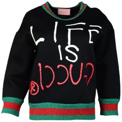 Gucci Life Is Gucci Ghost Black Crewneck Sweatshirt W/ Metallic Web Sz M