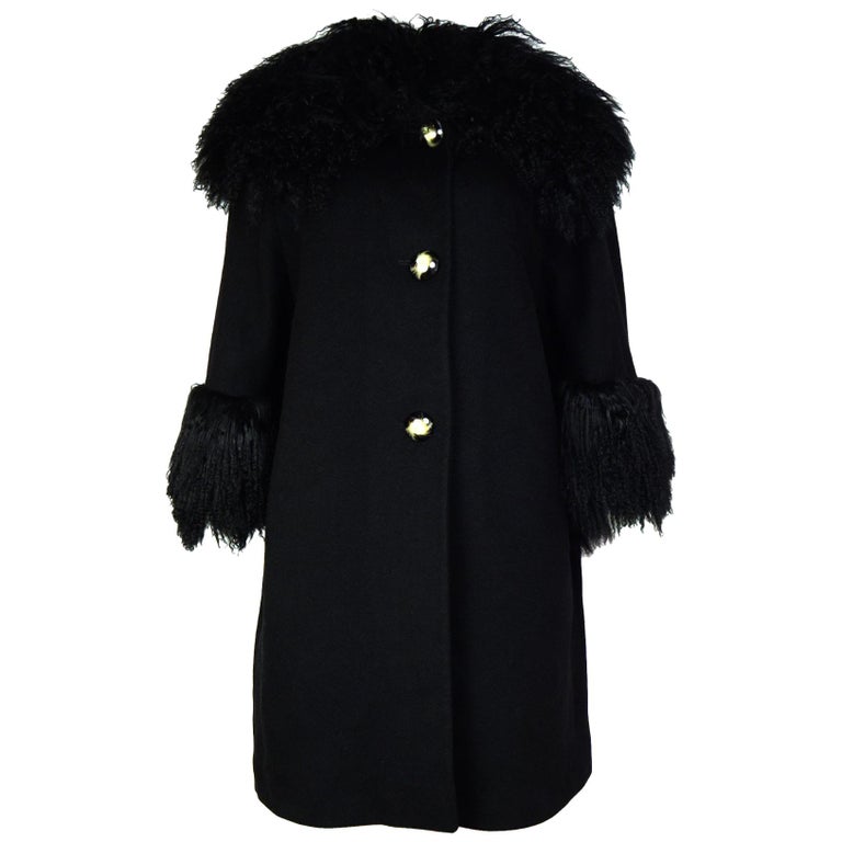 Trilogy Black Wool/Cashmere Coat W/ Lamb Fur Detail Sz 10 For Sale at ...