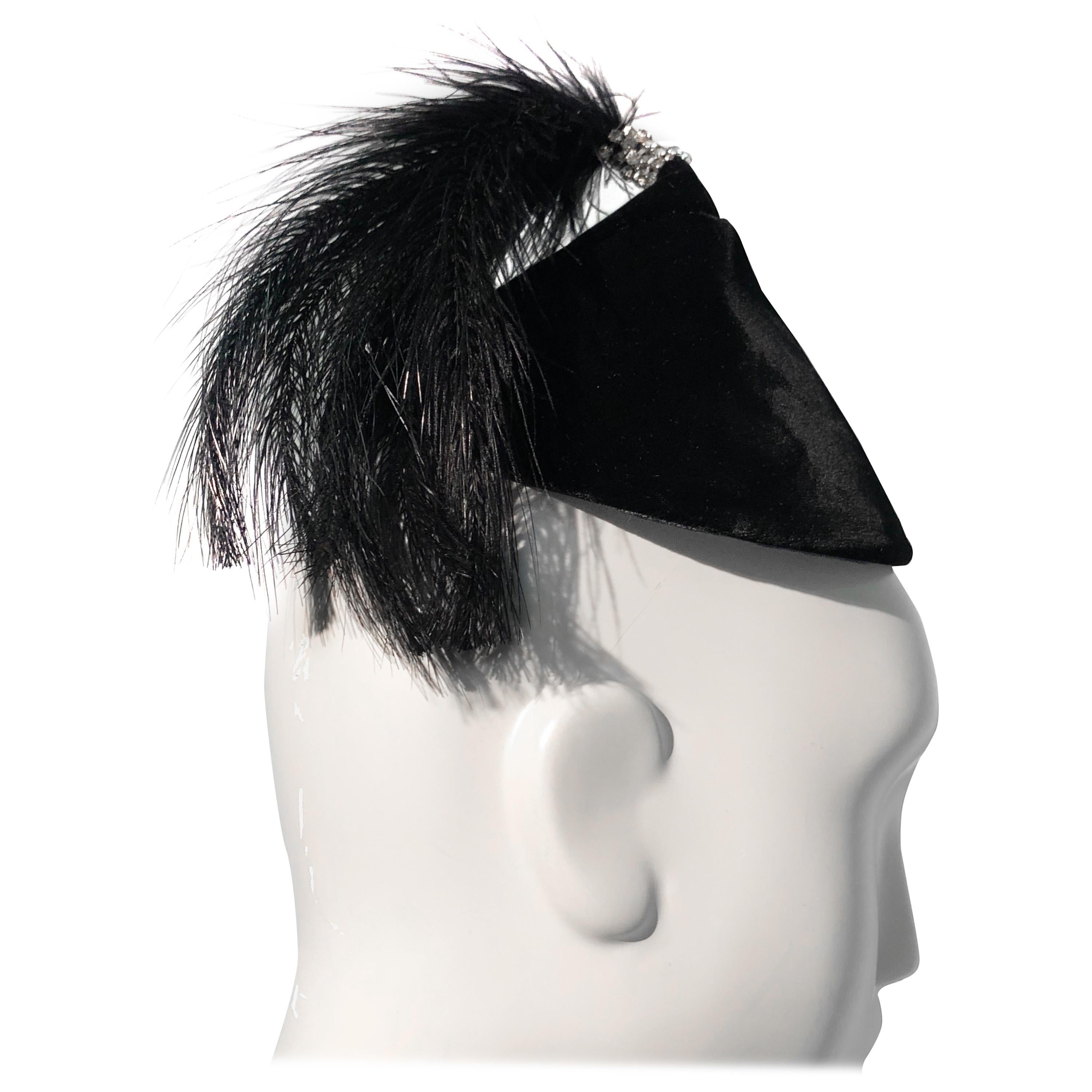 1950s Raymond Hudd Black Velvet Hat W/ Egret Feather and Rhinestone Tassel