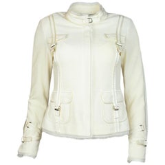 St. John Couture Cremefarbene Jacke mit Reißverschluss mit Seidenbesatz und Taschen Gr. 2