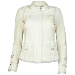 St. John Couture Cream Zip Up Jacket W/ Silk Trim & Pockets Sz 2