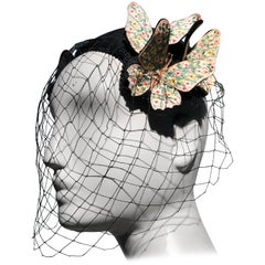 1966 Bes-Ben Black Felt Hat W/ Floral Embroidered Butterflies Bead Trim & Net 