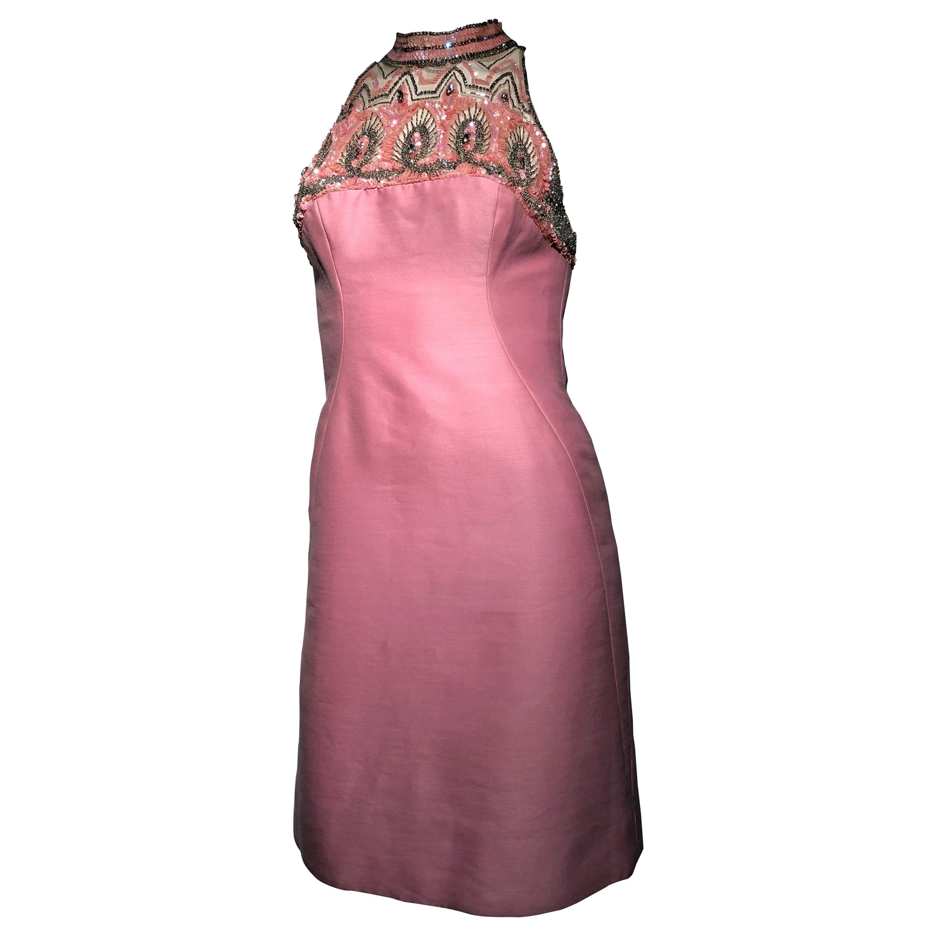1960s Mr. Blackwell Pink Wool & Silk Blend Sheath Dress W/ Beaded Sequined Neck