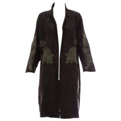 Dries Van Noten Black Cotton Brocade With Green Floral Embroidery Duster Coat