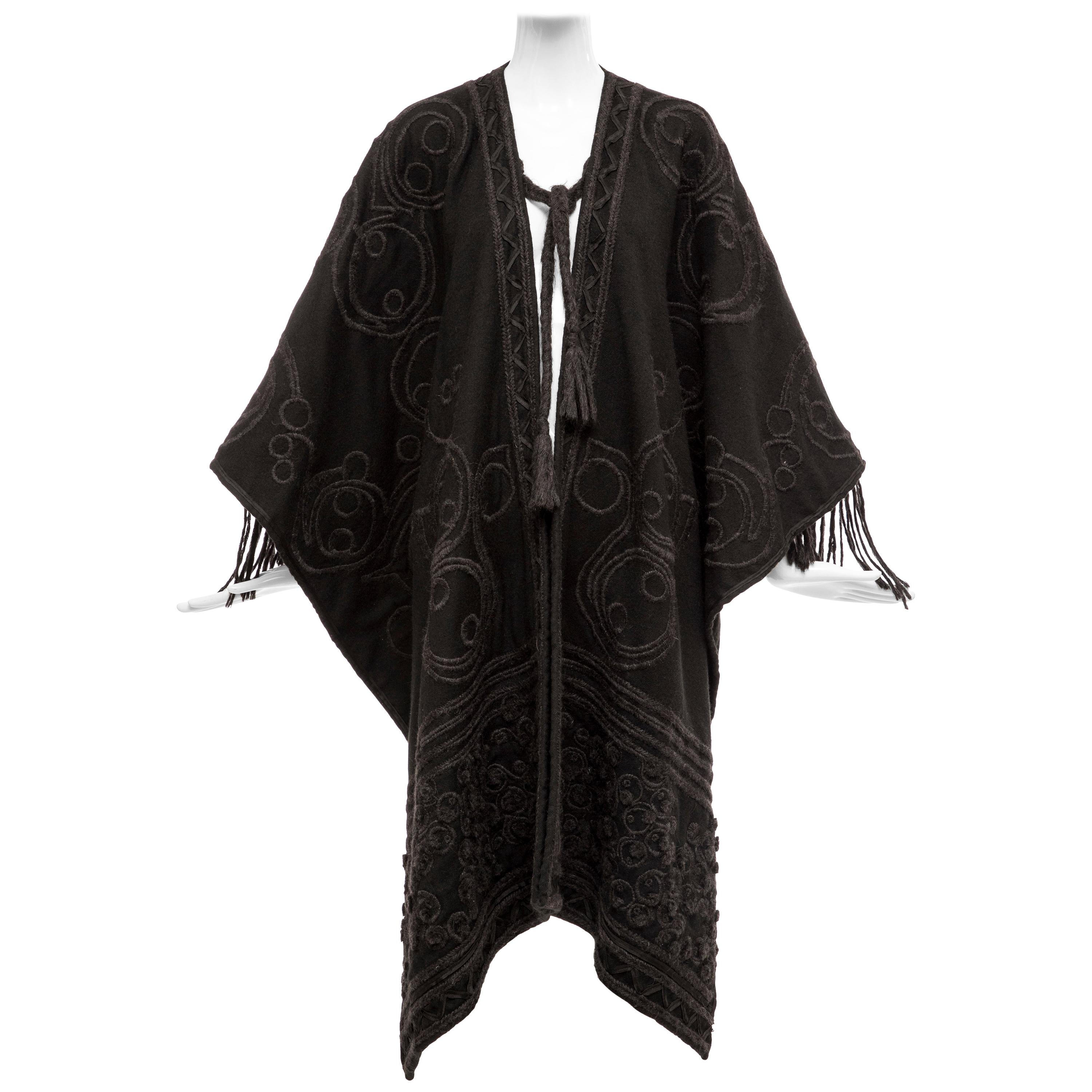 Dries Van Noten Runway Black Wool Embroidered Fringe Cape, Fall 2002 For Sale