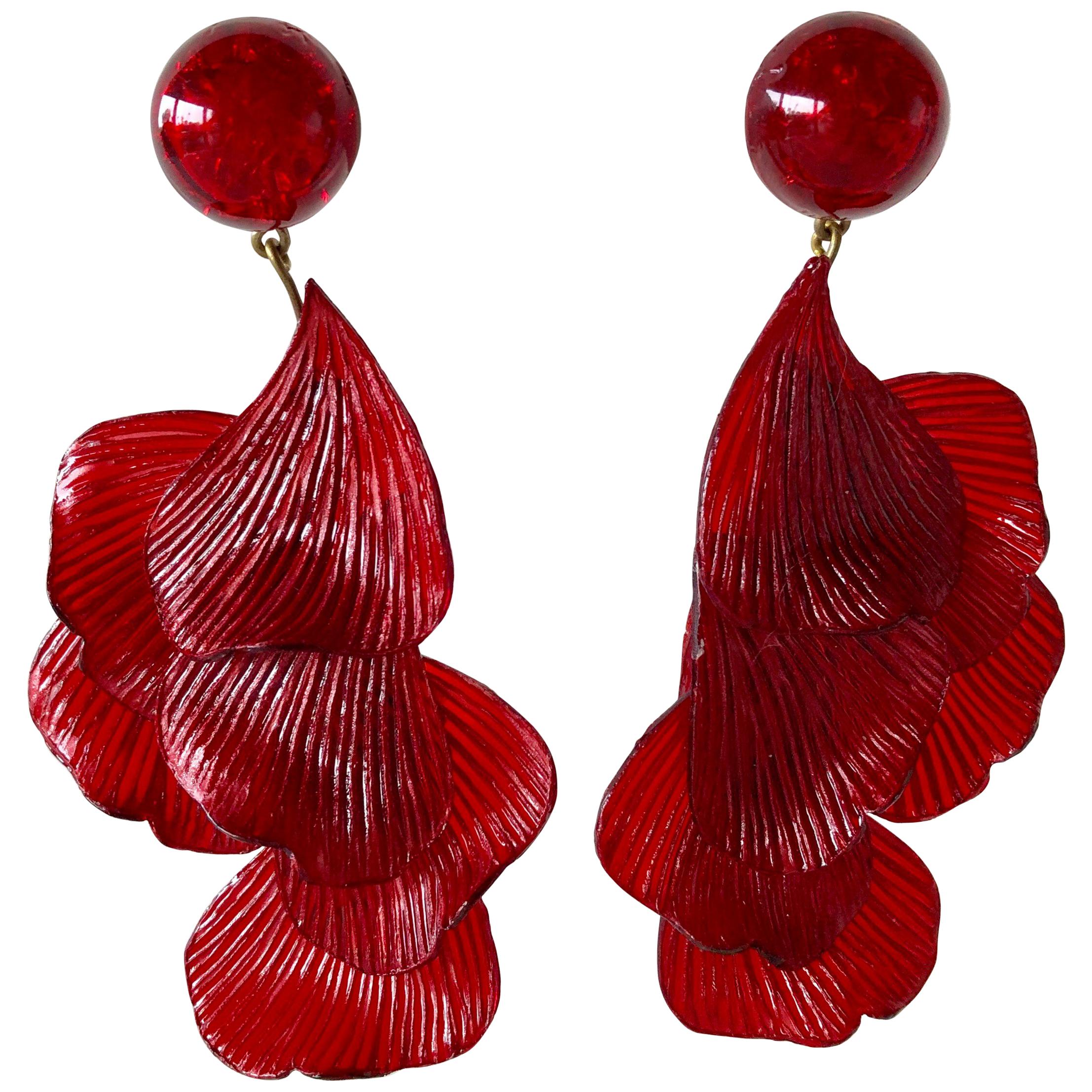 French Architectural Red Wave Statement Earrings 