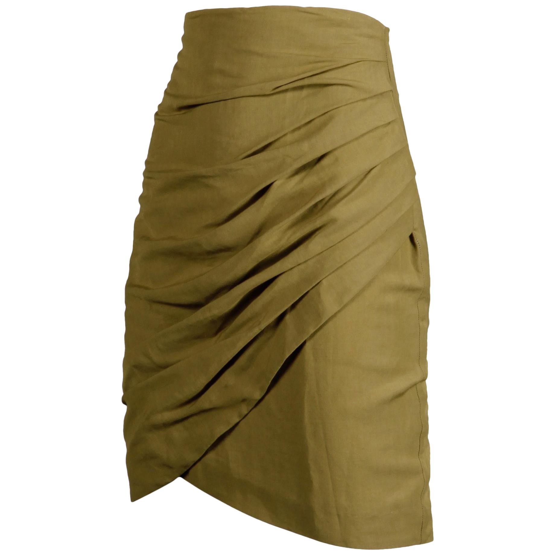 1990s Byblos Vintage Olive Green Asymmetric Ruched Stretch Linen Pencil Skirt