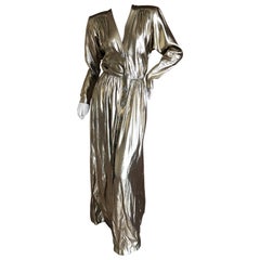 Yves Saint Laurent Rive Gauche 1979 Gold Silk Structured Shoulder Evening Dress 