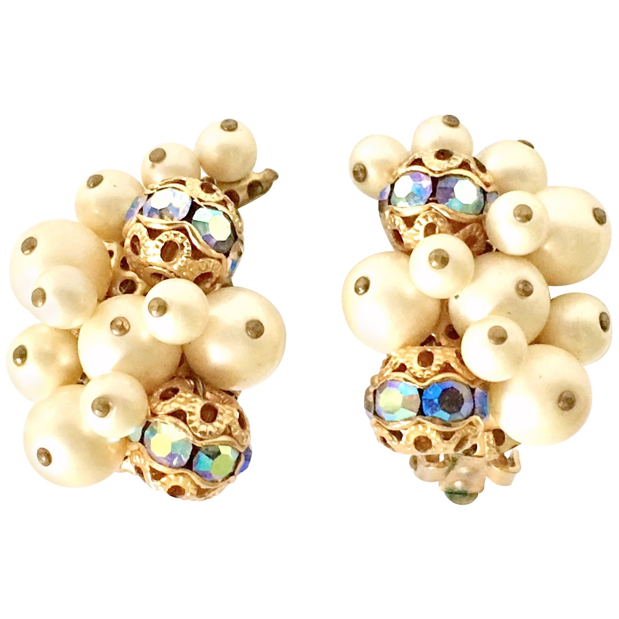 50'S Gold Faux Pearl Bead & Swarovski Crystal Earrings By, Kramer