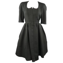 THIERRY MUGLER Size 8 Black Textured Cotton 3/4 Sleeve Shirt Dress