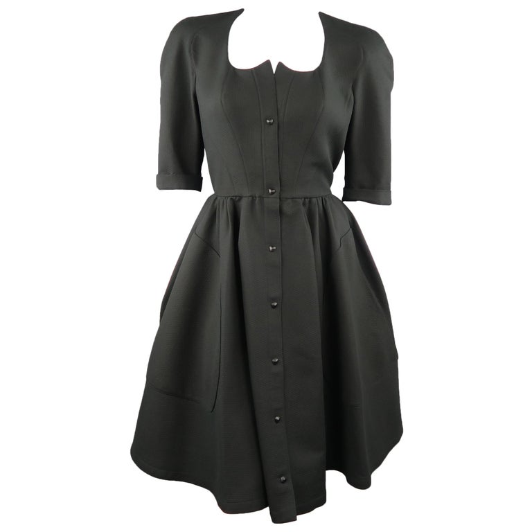thierry-mugler-size-8-black-textured-cotton-3-4-sleeve-shirt-dress-for