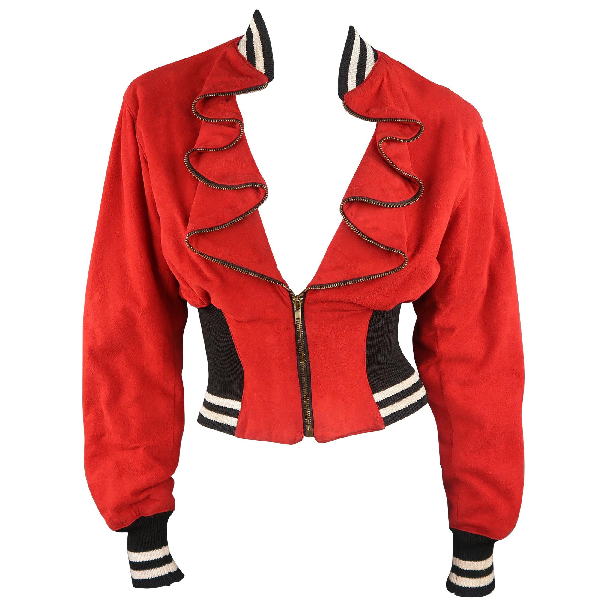 BYRON LARS Size S Red Suede Ruffled Zipper Lapel Varsity Baseball Jacket