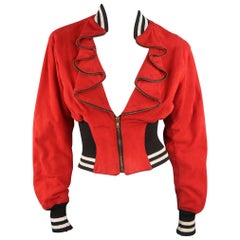 Vintage BYRON LARS Size S Red Suede Ruffled Zipper Lapel Varsity Baseball Jacket