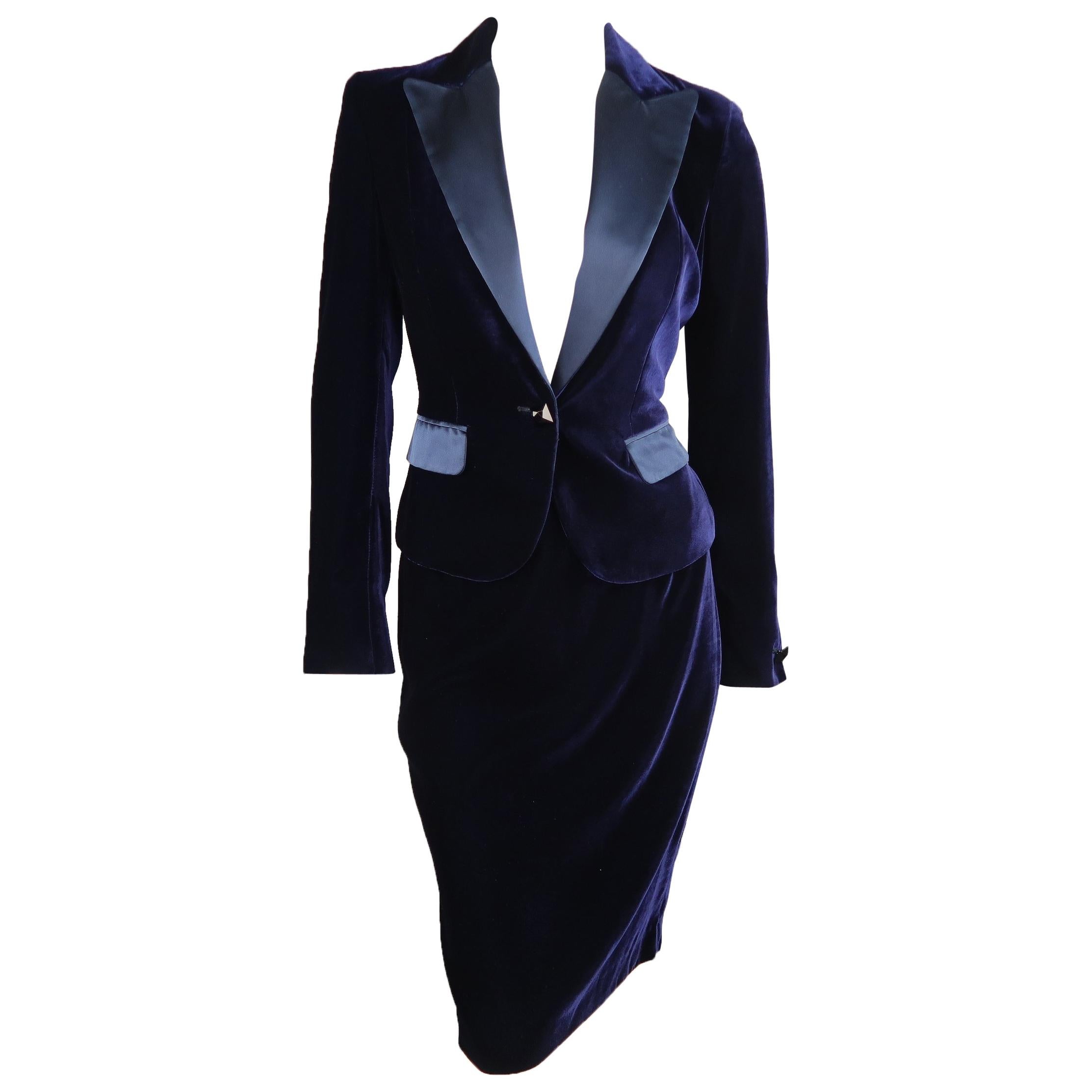 LES COPAINS Size 6 Navy Velvet Satin Peak Lapel Pencil Skirt Suit