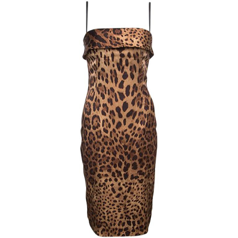 Dolce and Gabbana Brown Leopard Printed Satin Sheath Dress S