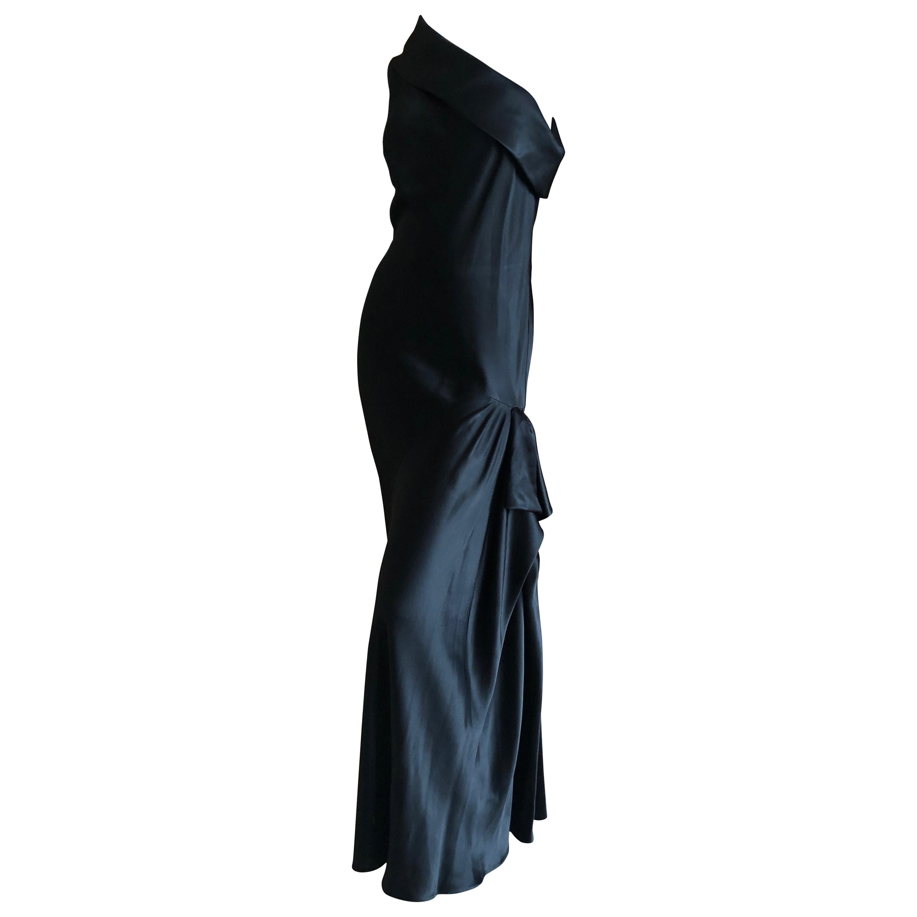 John Galliano Black Bias Cut One Shoulder Draped 1990's Evening Dress 40 For Sale