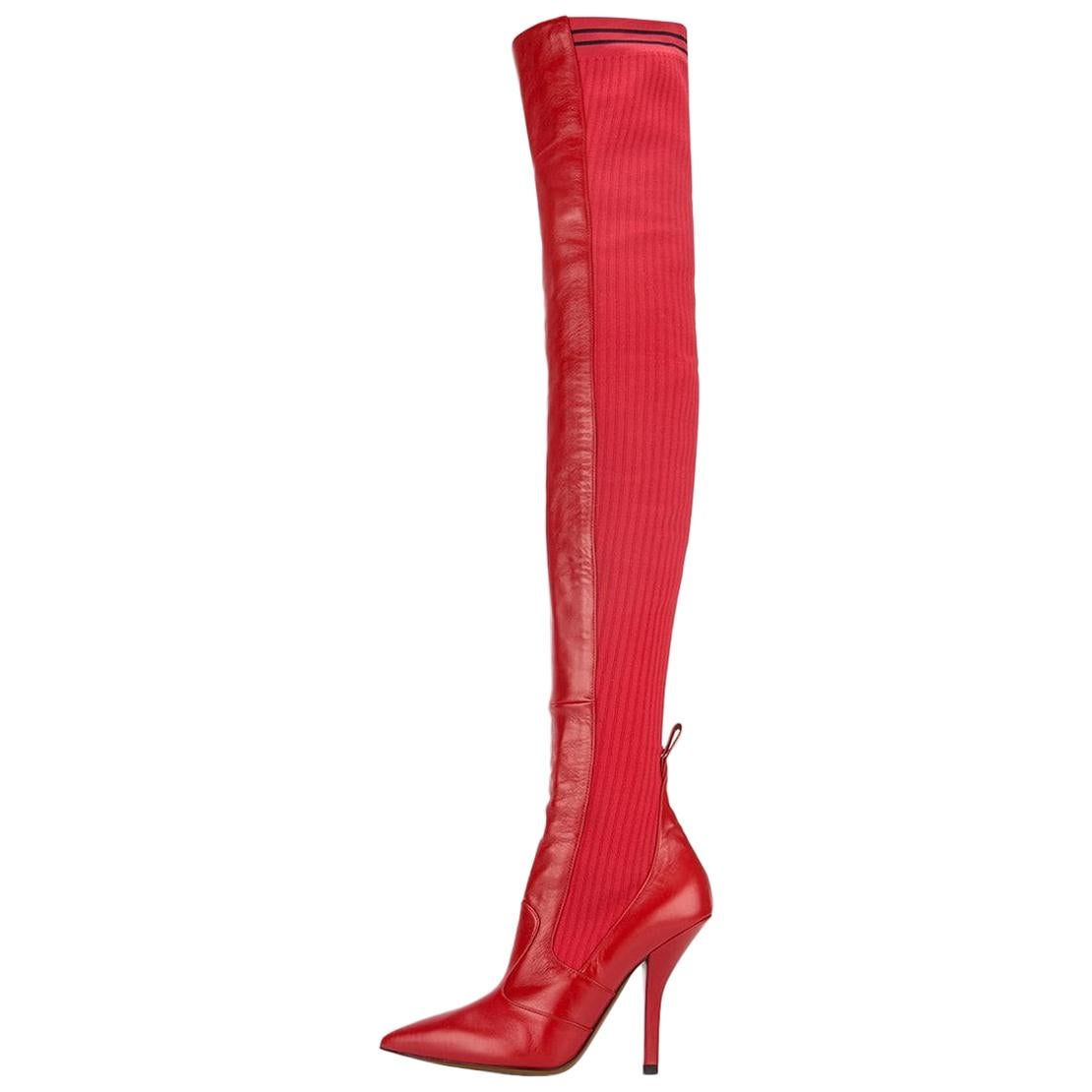 Fendi NEW Runway Red Leather Knit Sock Thigh High Evening Heels Boots 