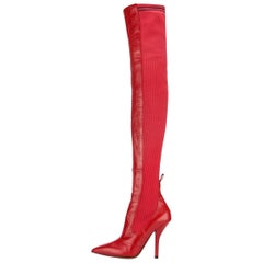 Fendi NEW Runway Red Leather Knit Sock Thigh High Evening Heels Boots 