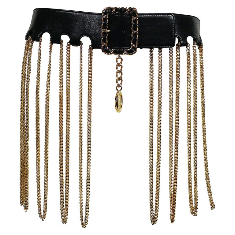 CHANEL  ICONIC LEATHER AND GOLD-TONE CHAIN BELT