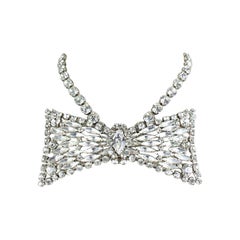 Bow Tie Rhinestone Necklace in Silver Metal Setting with Adjustable Closure