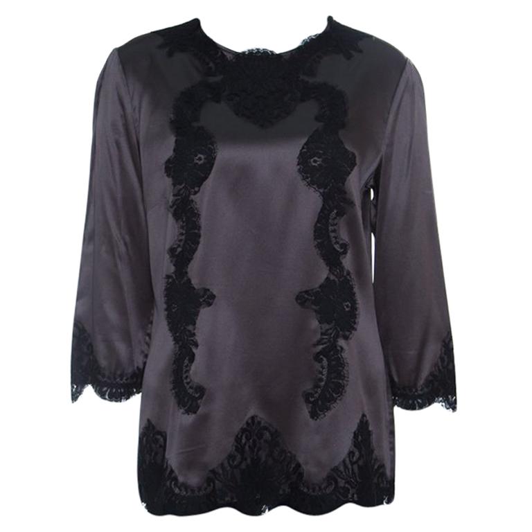 Dolce and Gabbana Grey Satin Scallop Lace Insert Long Sleeve Top L