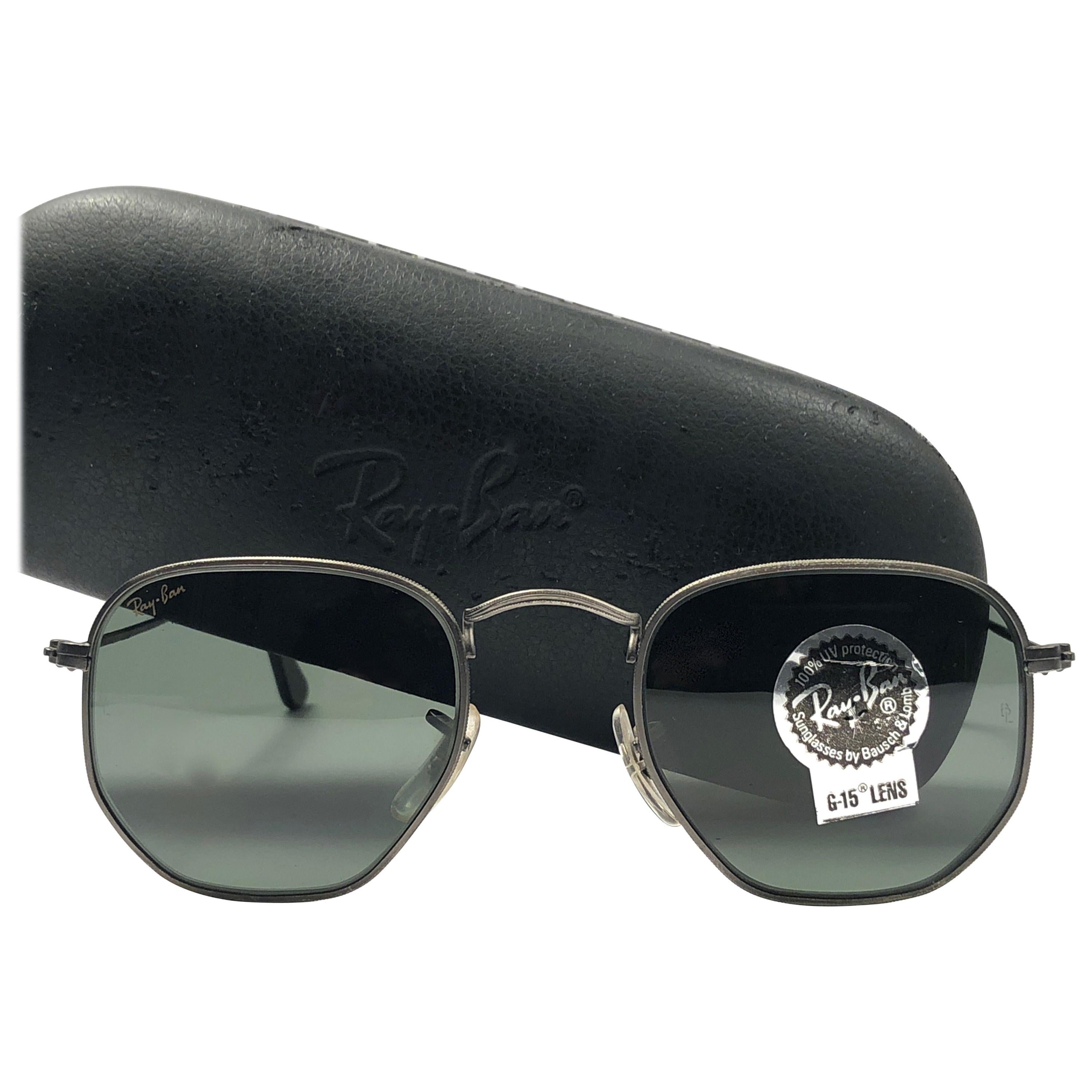 New Vintage Ray Ban Gun Metal Hexagonal G15 Grey Lenses  B&L 1980's Sunglasses For Sale