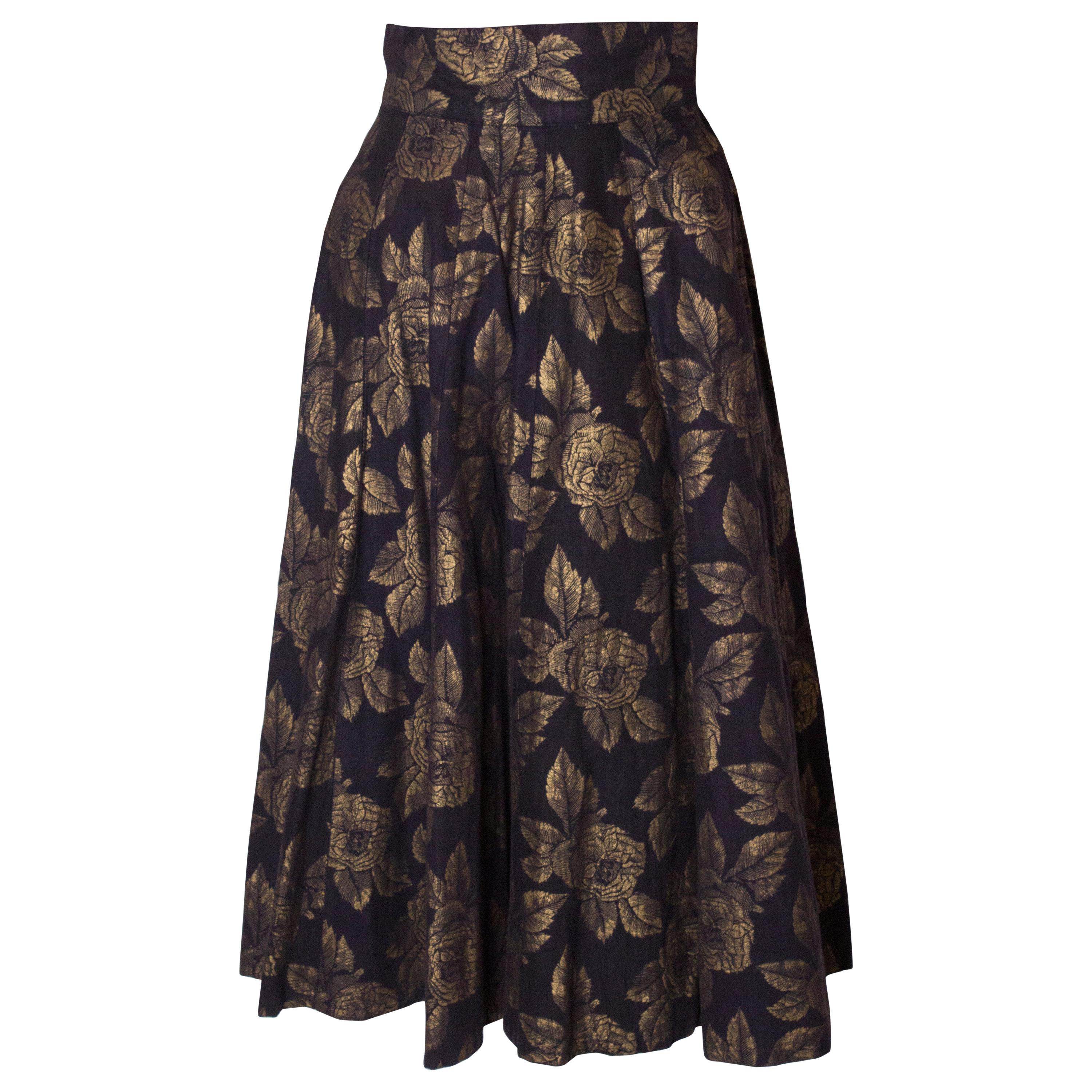 Vintage Black and Gold Skirt with Floral Design For Sale
