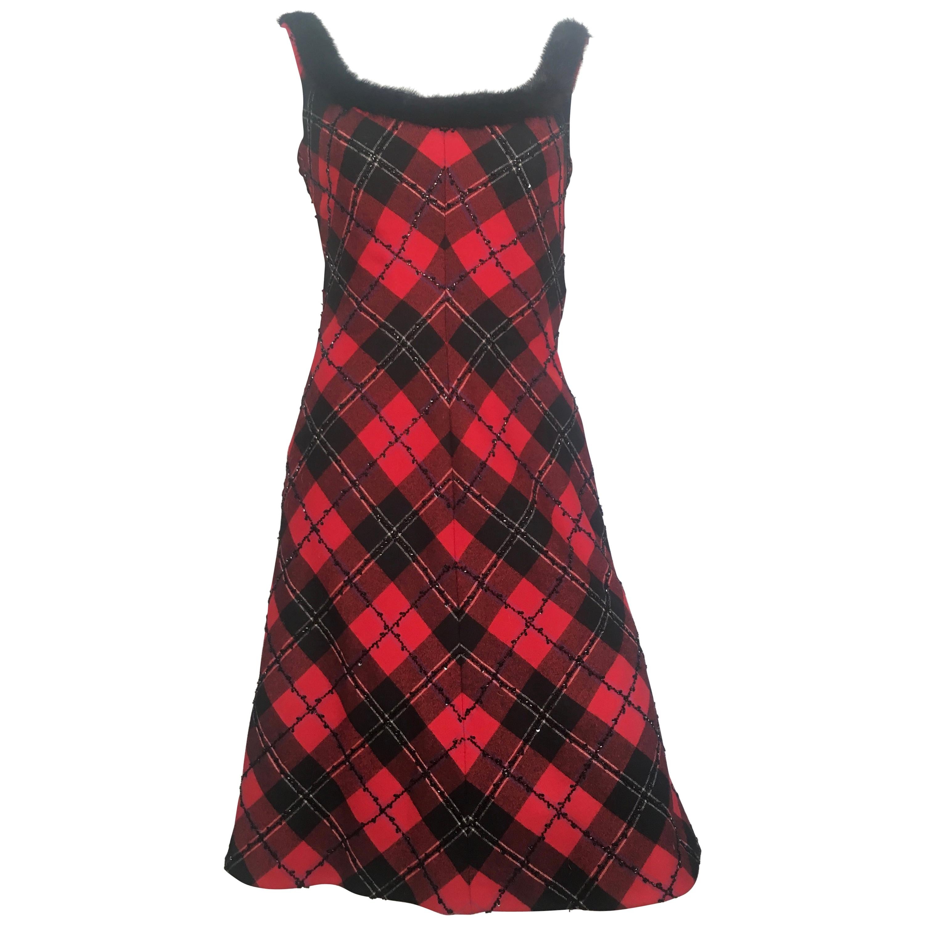 Bellville Sassoon Lorcan Mullany Plaid Wool Beaded with Mink Trim Dress Size 4. For Sale