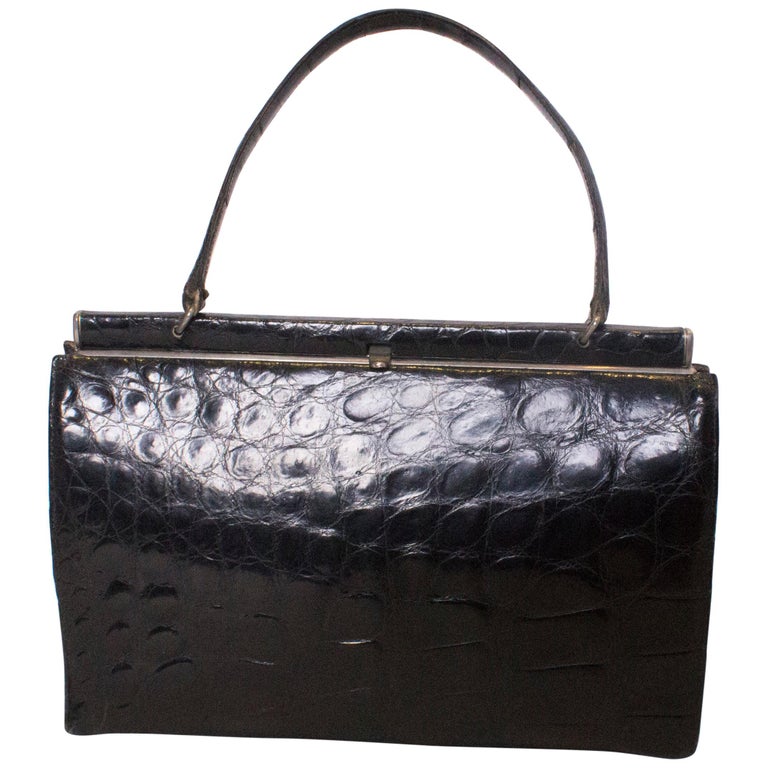 Vintage Black Crocodile Handbag For Sale