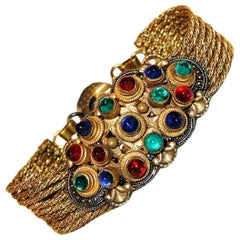 Antique Circa 1930 Czech Jewel Toned Glass Cabochon Multi Chain Bracelet