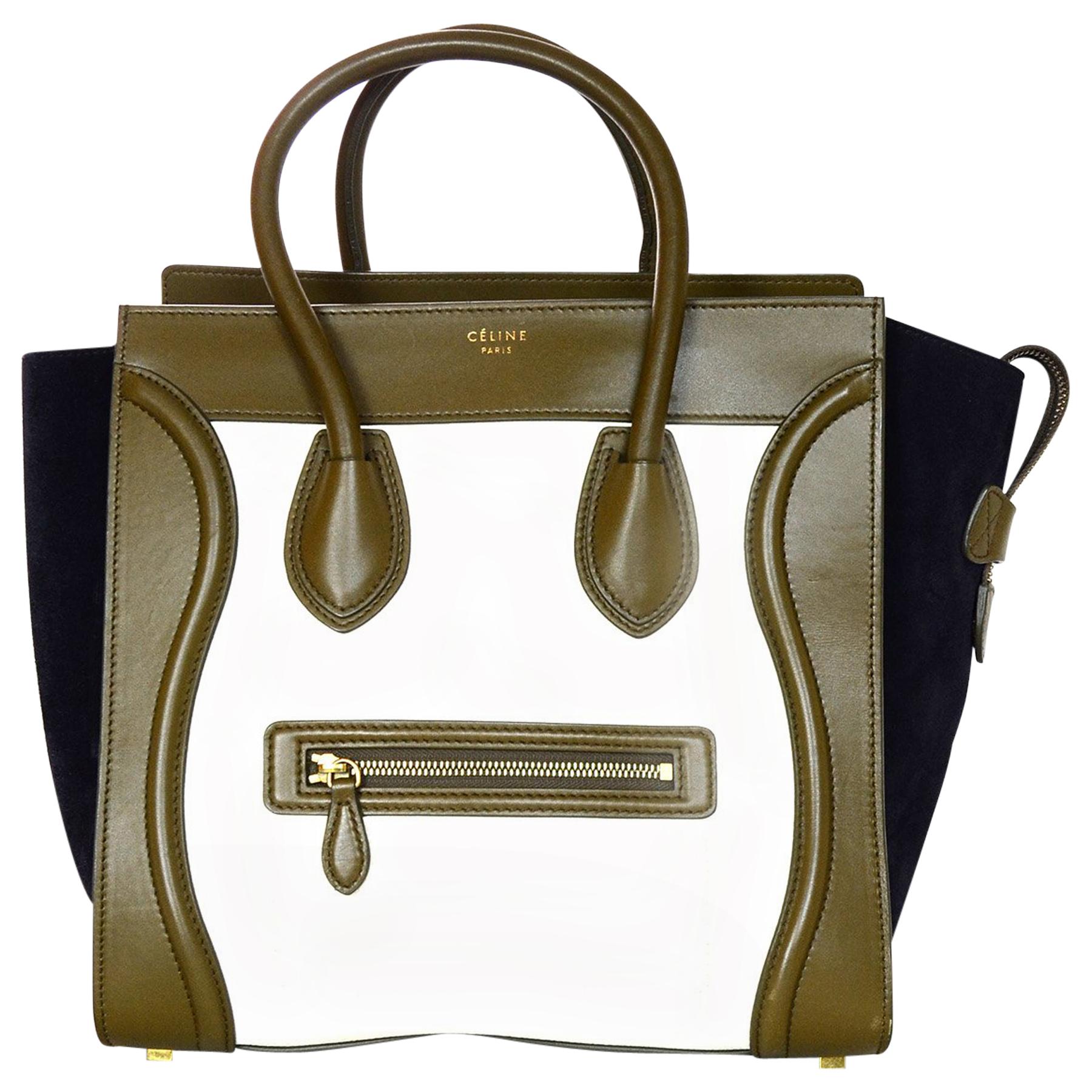 Celine Tri-Color Ivory/Brown/Navy Calfskin Leather/Nubuck Suede Mini Luggage Bag