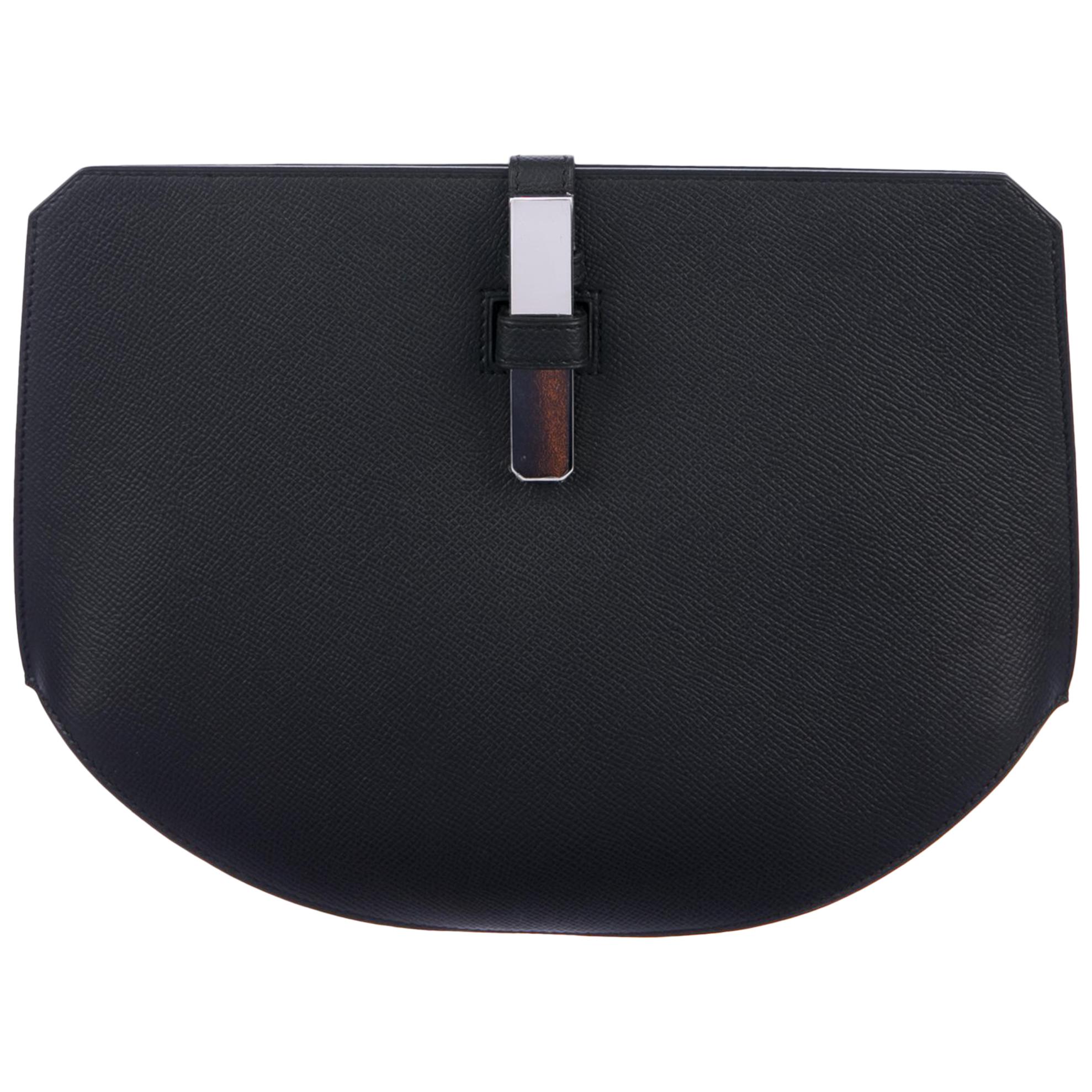 Hermes Black Leather Palladium Slip Half Moon Evening Clutch Bag