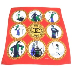 Chanel Silk Sports Theme Handgerollter Schal 32::5 x 33::5 circa 1990er Jahre