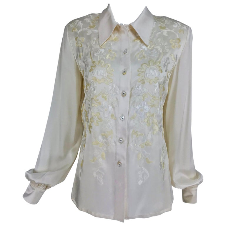 Valentino cream silk satin embroidered blouse For Sale at 1stdibs