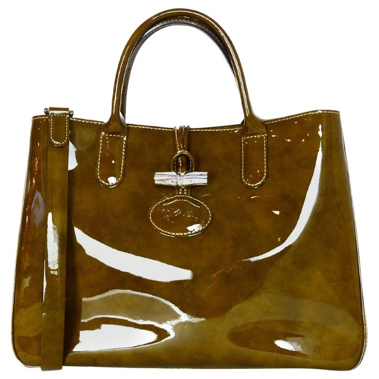 Longchamp Brown Tortoise Patent Leather Medium Roseau Toggle Tote Bag W ...
