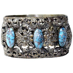 Circa 1930s Plated Brass & Blue Glass Cabochon Hinged Bangle