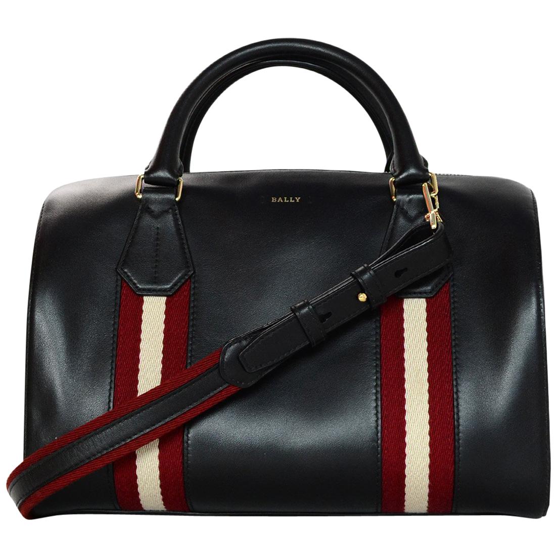 Bally Black Leather Boston Bag W/ Red/Cream Canvas Stripe and