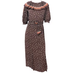 Vintage 1930s Brown Polka Dot Printed  Crepe Dress