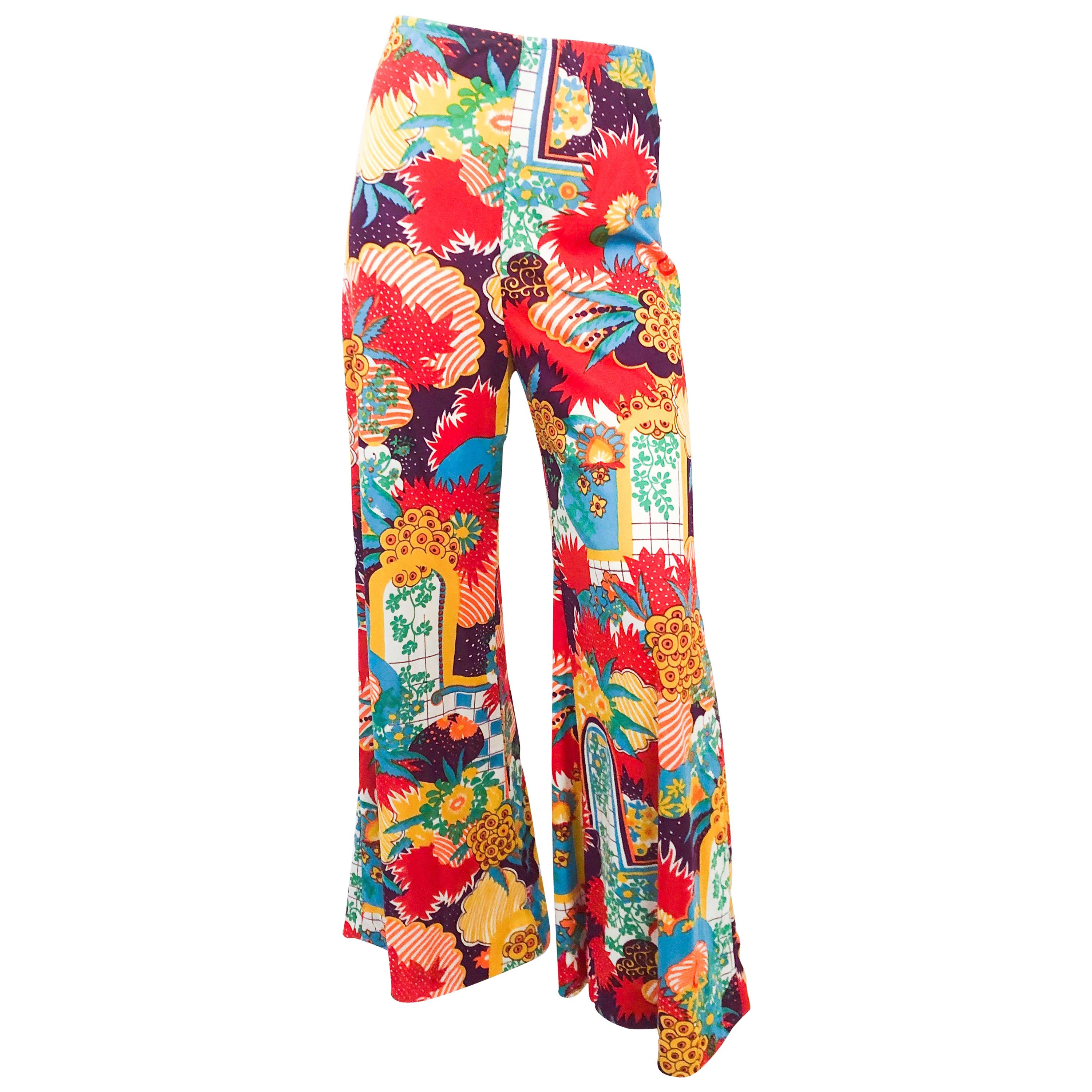 1970s Multi-colored Printed Wide Legged Pants  For Sale