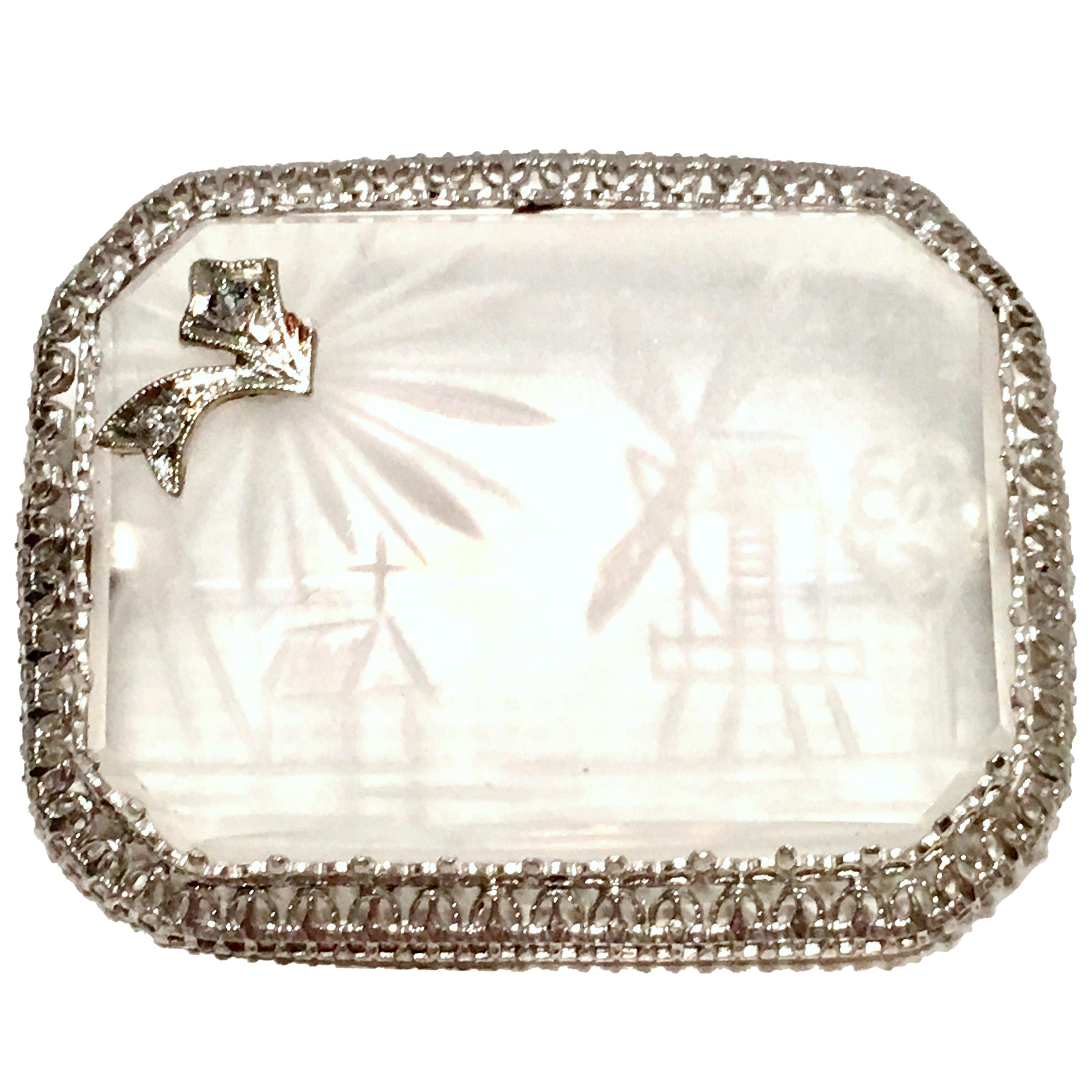 Antique Platinum Etched Crystal & Diamond Brooch For Sale