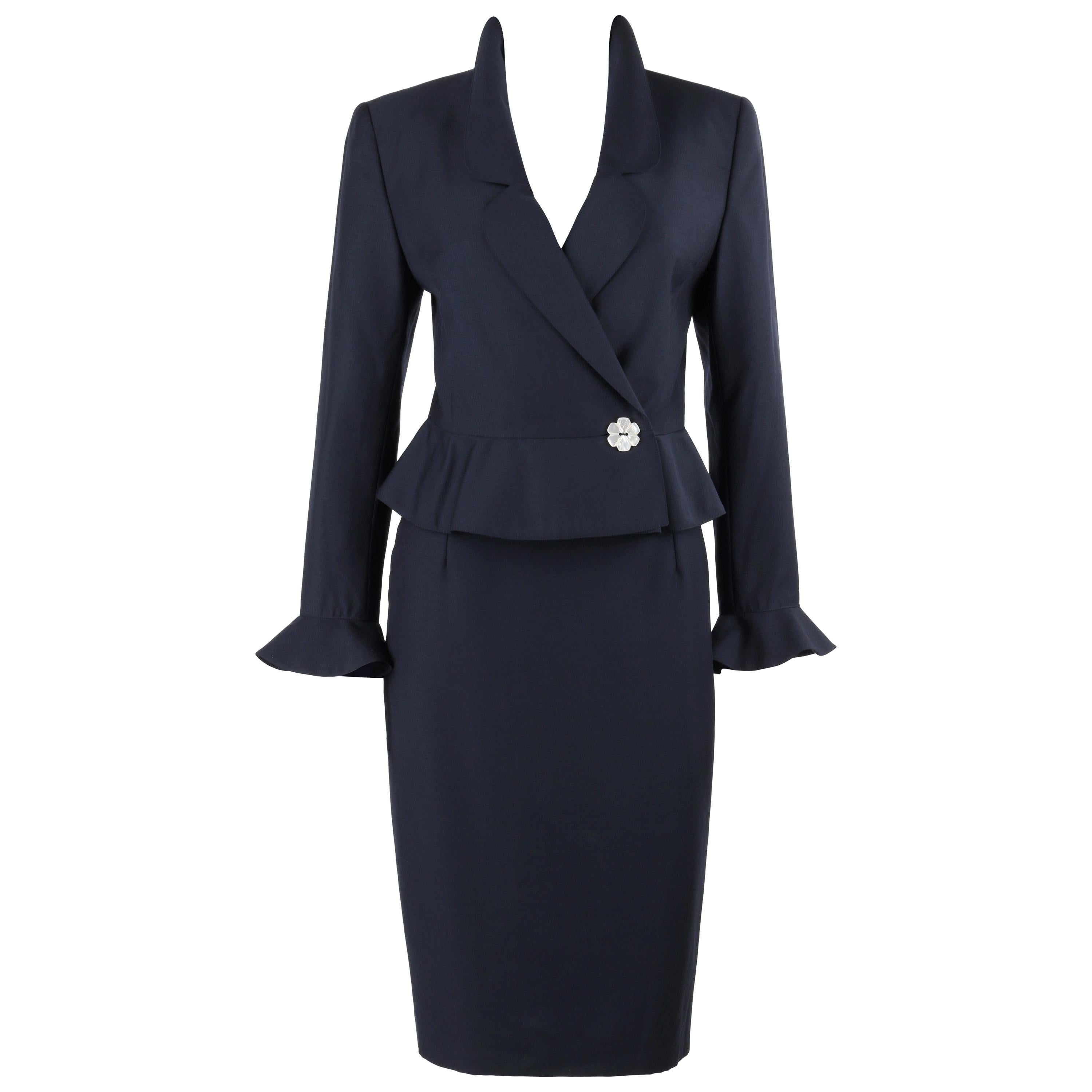 VALENTINO Miss V c.1990's 2 Pc Navy Blue Peplum Blazer Jacket Skirt Suit Set 