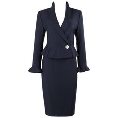 VALENTINO Miss V c.1990's 2 Pc Navy Blue Peplum Blazer Jacket Skirt Suit Set