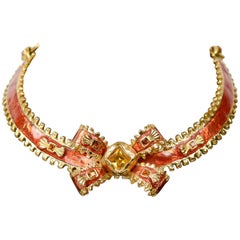 Yves Saint Laurent Red Enamel & Gold Bow Choker