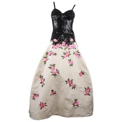 OSCAR DE LA RENTA Size 6 Black & White Silk Sequin Bodice Pin Floral Skirt Gown