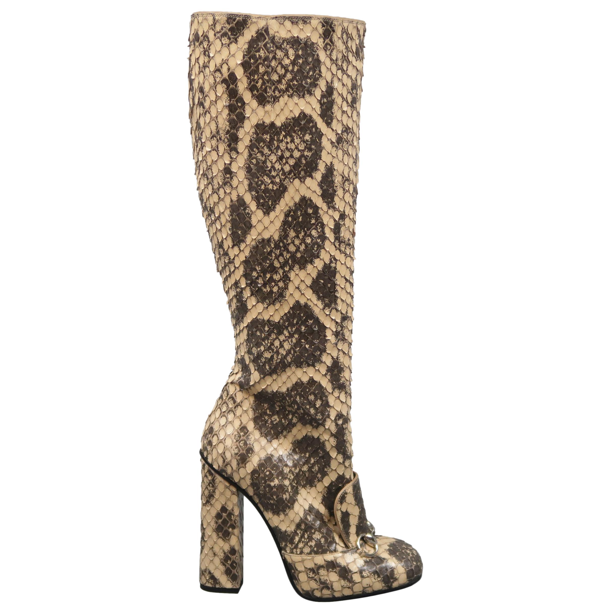 GUCCI Size 7.5 Beige Phython Snakeskin Leather Horsebit Knee High Boots